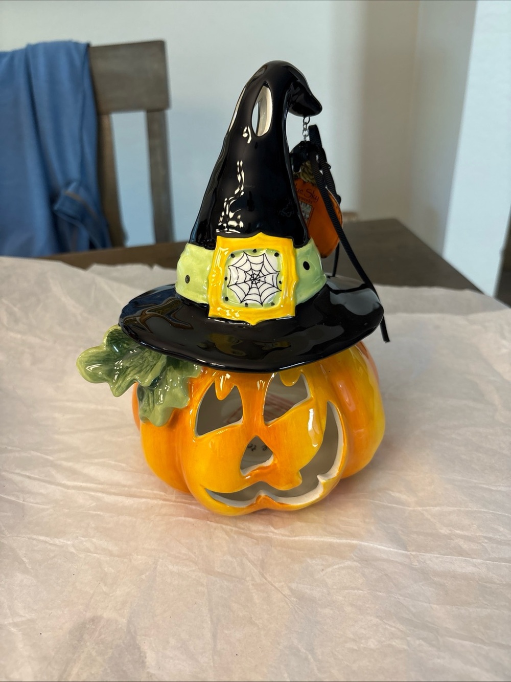 Blue Sky Clayworks Pumpkin w/ Witch Hat Jack-O-Lantern Halloween Tea Light NEW